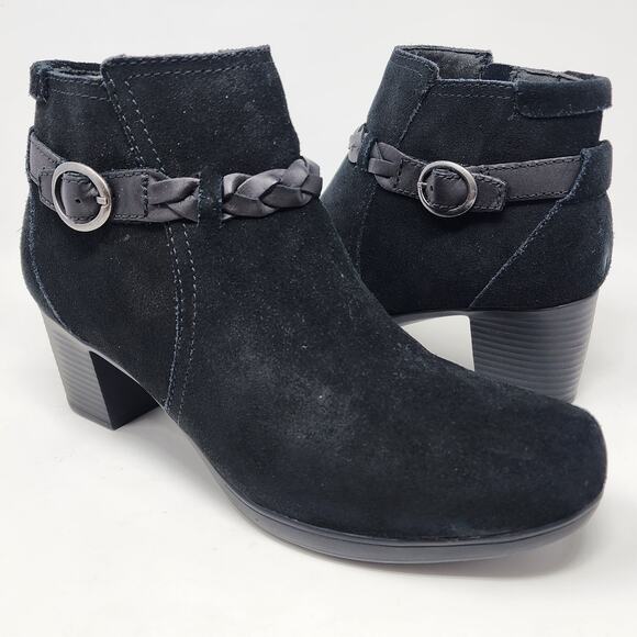Clarks Booties Women 11 Wide Bendables Black Suede Stack Heel Braided Band 68728 - Picture 2 of 10